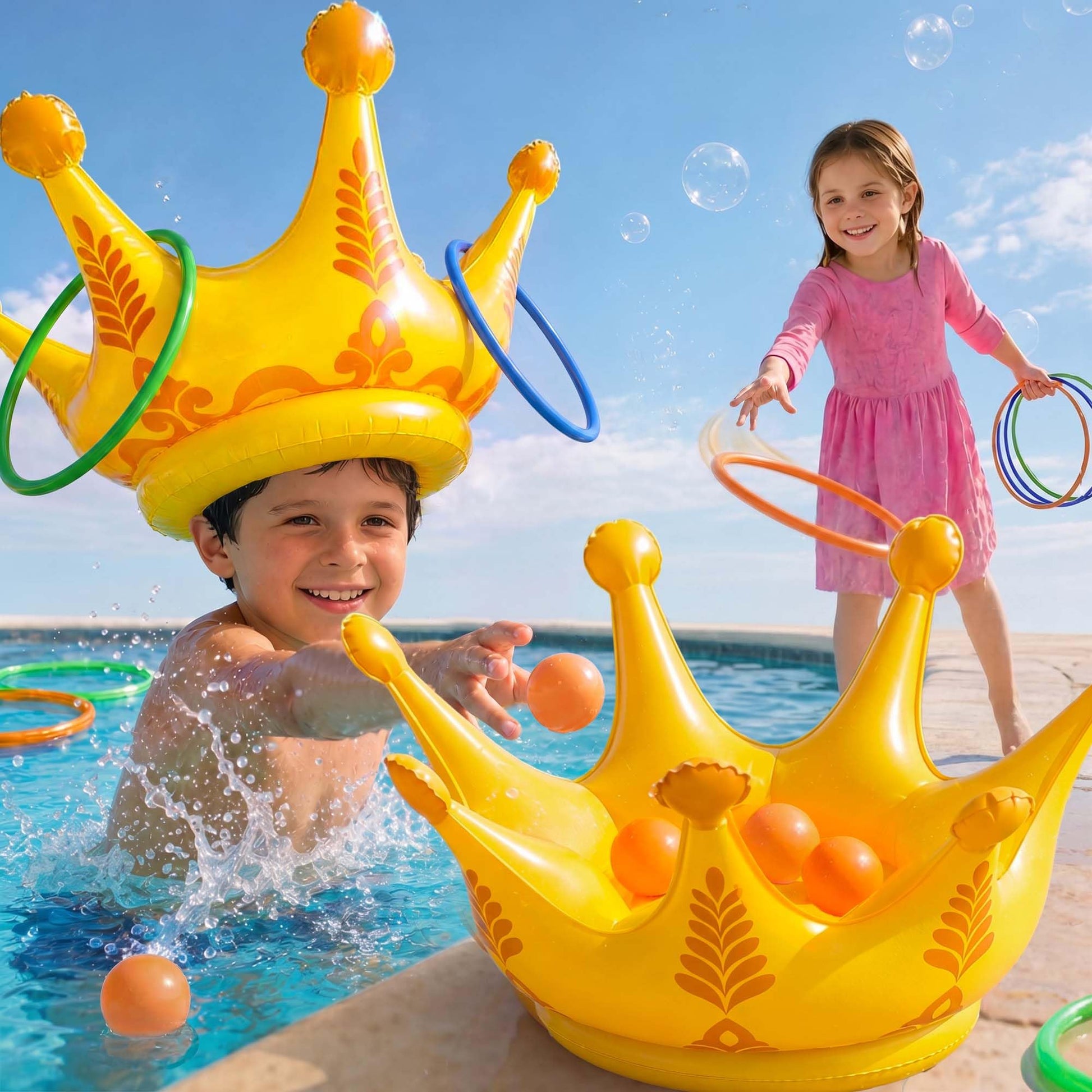Funscape 2PCS Crown Pool Toy, Kids Inflatable Ring & Ball Toss Water Games