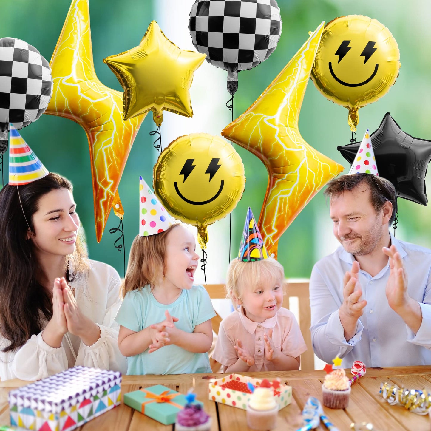 Wood Homing 8PCS 18 Inch Smile Party Checkered Helium Balloons, Yellow Smile Face Preppy Theme Birthday Party Decorations, Yellow Lightning Balloons