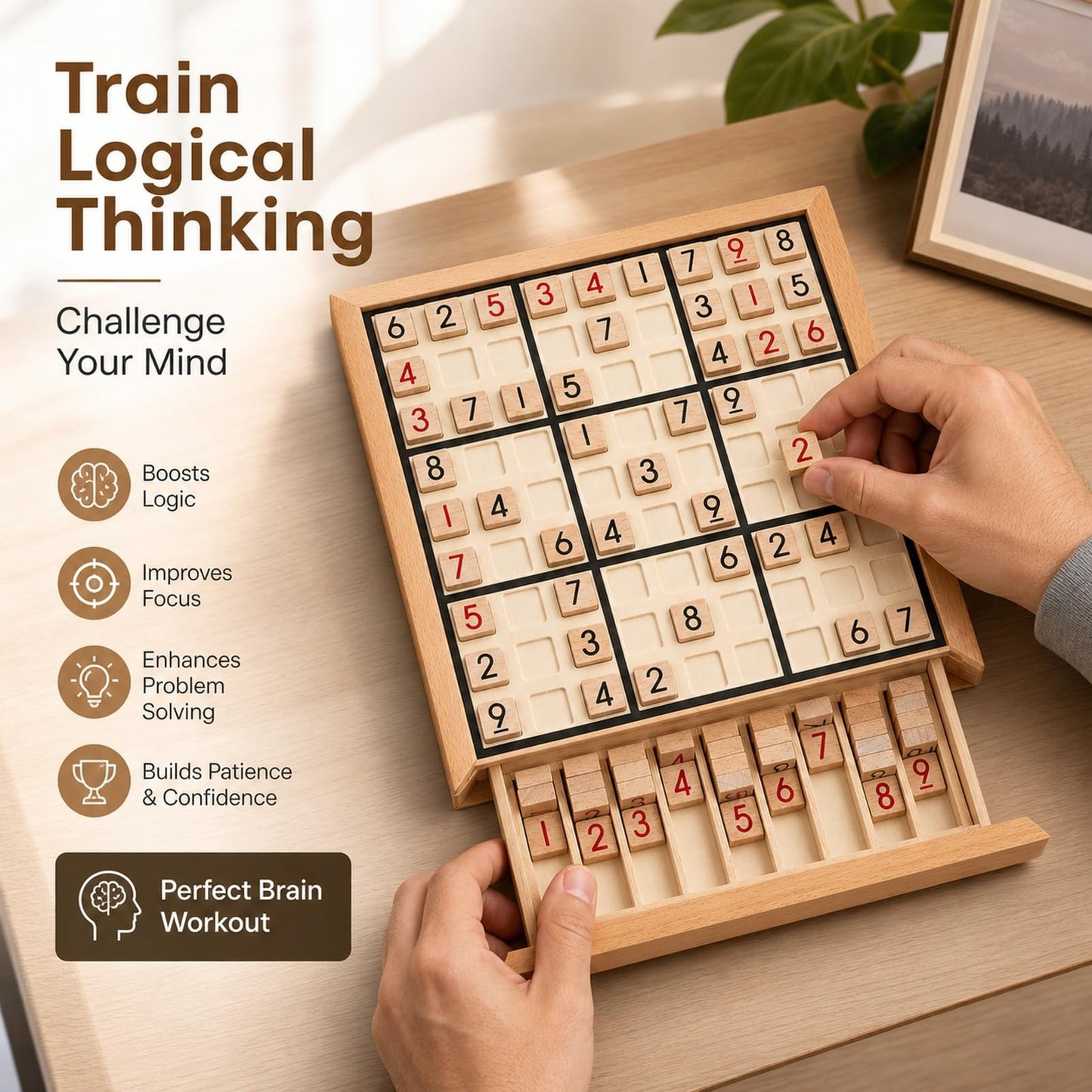 Wooden Sudoku Puzzle Game with Storage Drawer, Board Game for Adults, 9x9 Logic Puzzle for Brain Training, Travel, Family Night, Desk Games (Wooden