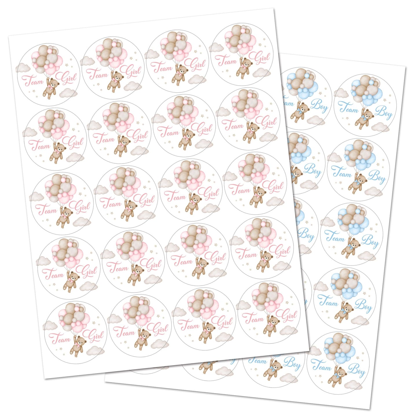 Boho Teddy Bear Balloons Team Girl, Team Boy Gender Reveal Stickers - 40 Labels (20 of Each Design)