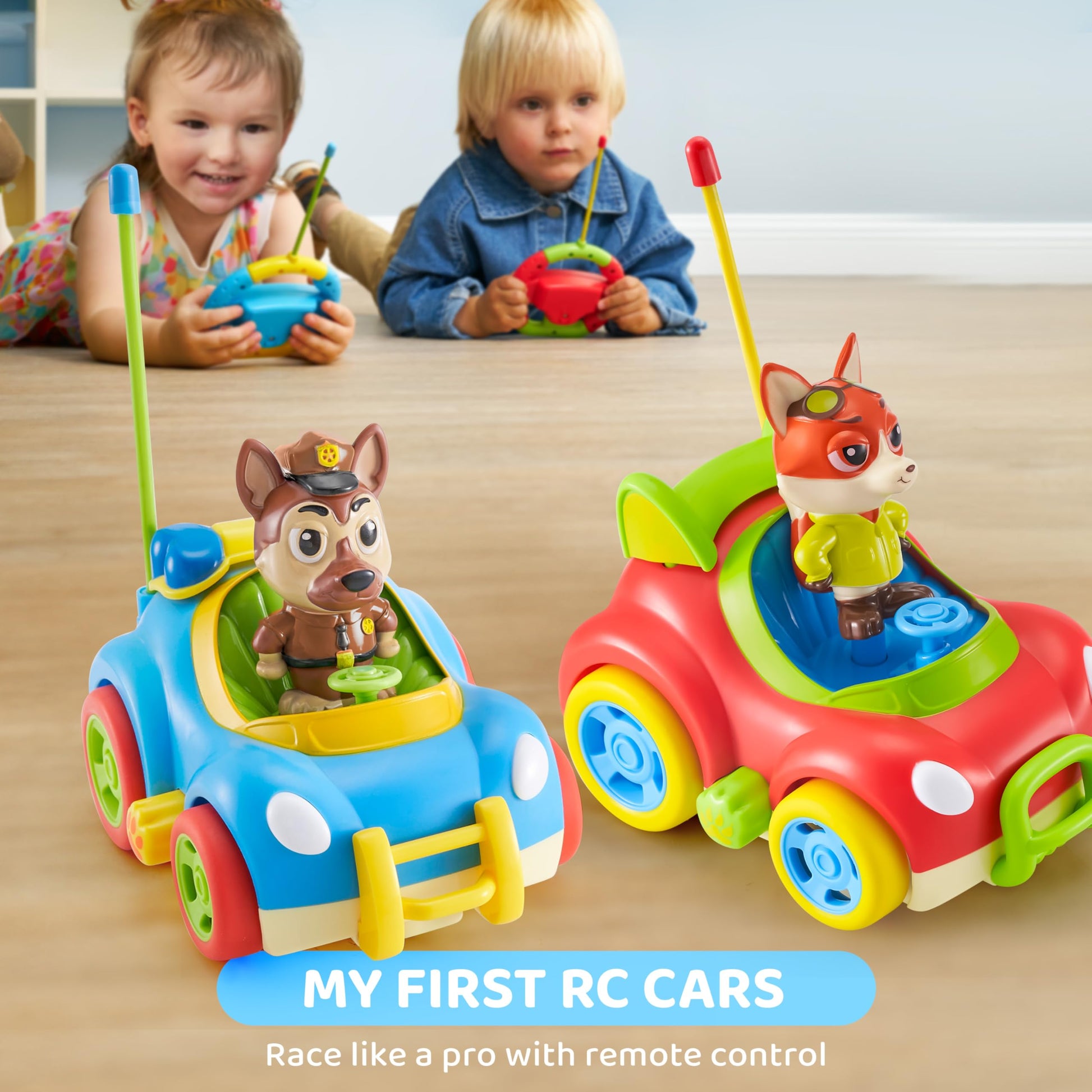 lalalark JOVA 2 Pack Remote Control Car for Toddlers, RC Cars with Cartoon Figure, Kids Toy Bumper Cars with LED Lights and Sounds, Light Up Car