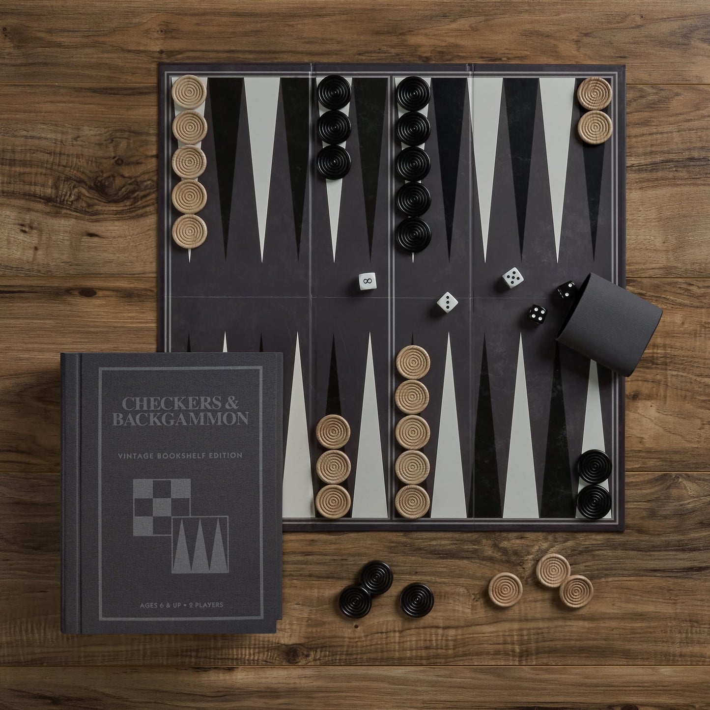 Checkers and Backgammon Vintage Bookshelf Edition by WS Game Company, Linen Wrapped Book Box & Slipcase - Reversible Board, Wooden Pieces - Checkers
