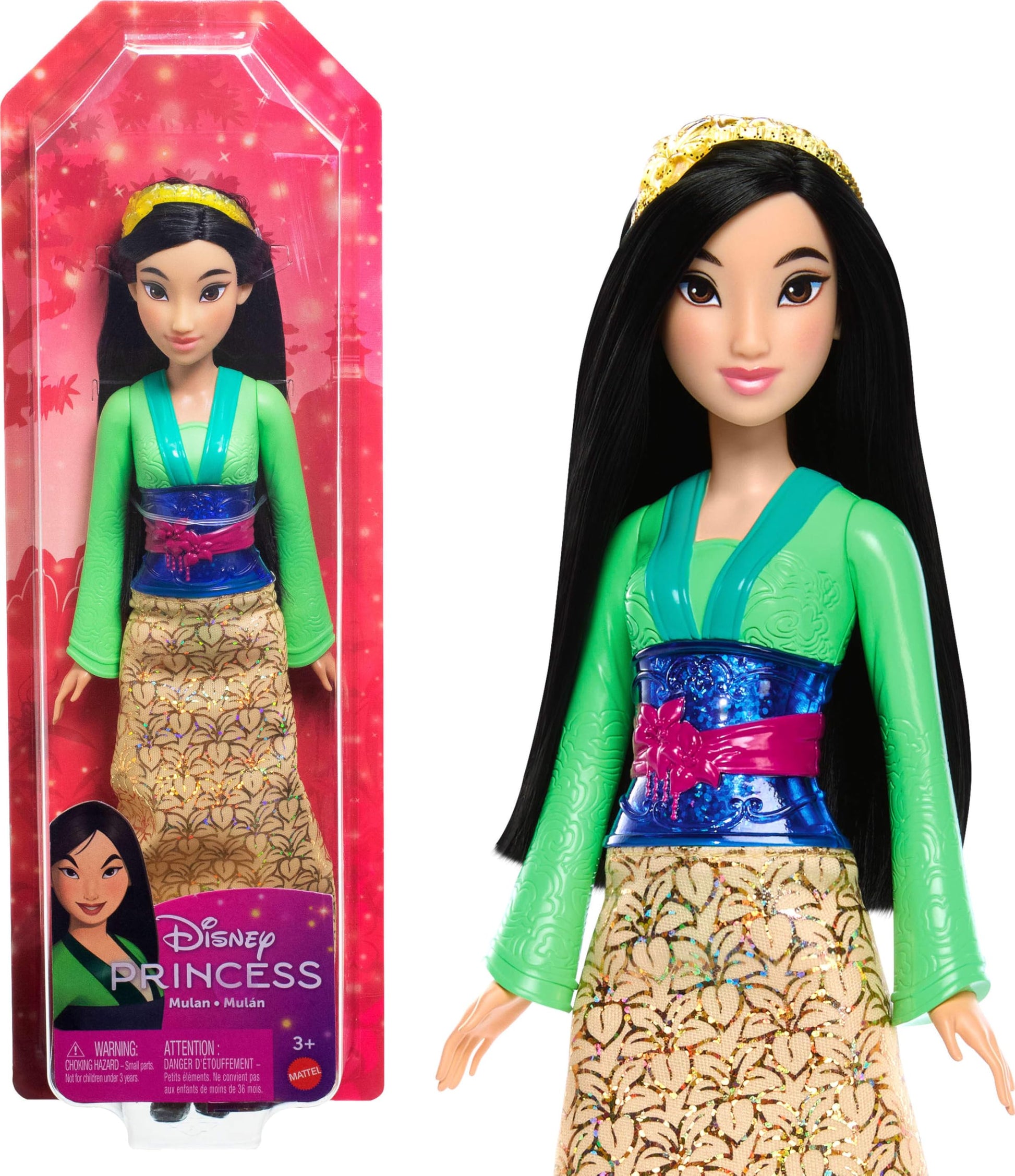 Mattel Disney Princess Mulan Doll in Sparkling Fashion with Removable Skirt, Headband and Shoes, Posable & Collectible, Inspired by Movie