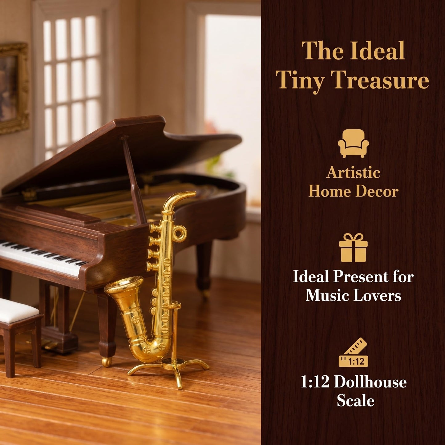 Toyvian Miniature Saxophone Model, 1:12 Scale Brass Gold Mini Musical Instrument for Dollhouse Decor Tiny Saxophone Prop for 6-Inch Action Figures