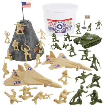 TimMee Bucket of Army Men - OD Green vs. Tan 54pc Soldier Playset - Made in USA
