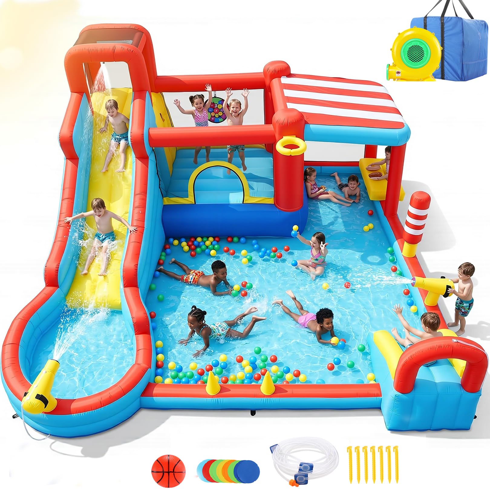 Inflatable Water Slides, 18-in-1 Bounce House Water Park with Long Slide, Basketball Hoop, Splash Pool&Sunshade, Outdoor Water Play Center for Ages