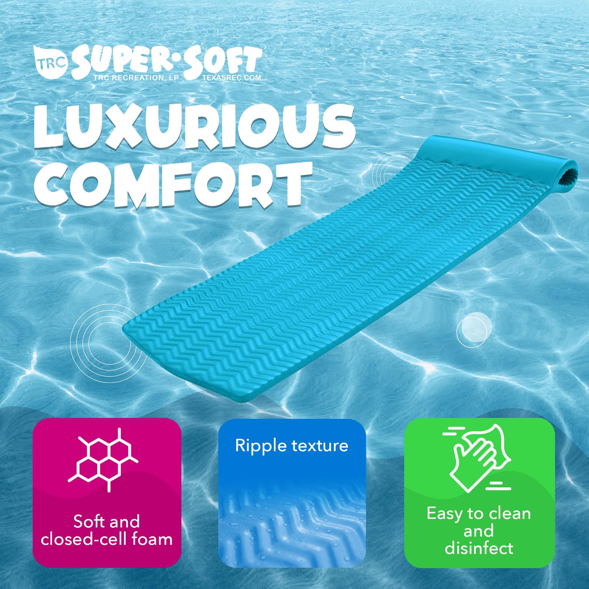 TRC Recreation Serenity 1.5” Thick Vinyl Coated Foam Swimming Pool Float Mat Adult Lounger with Built-In Roll Pillow, Tropical Teal