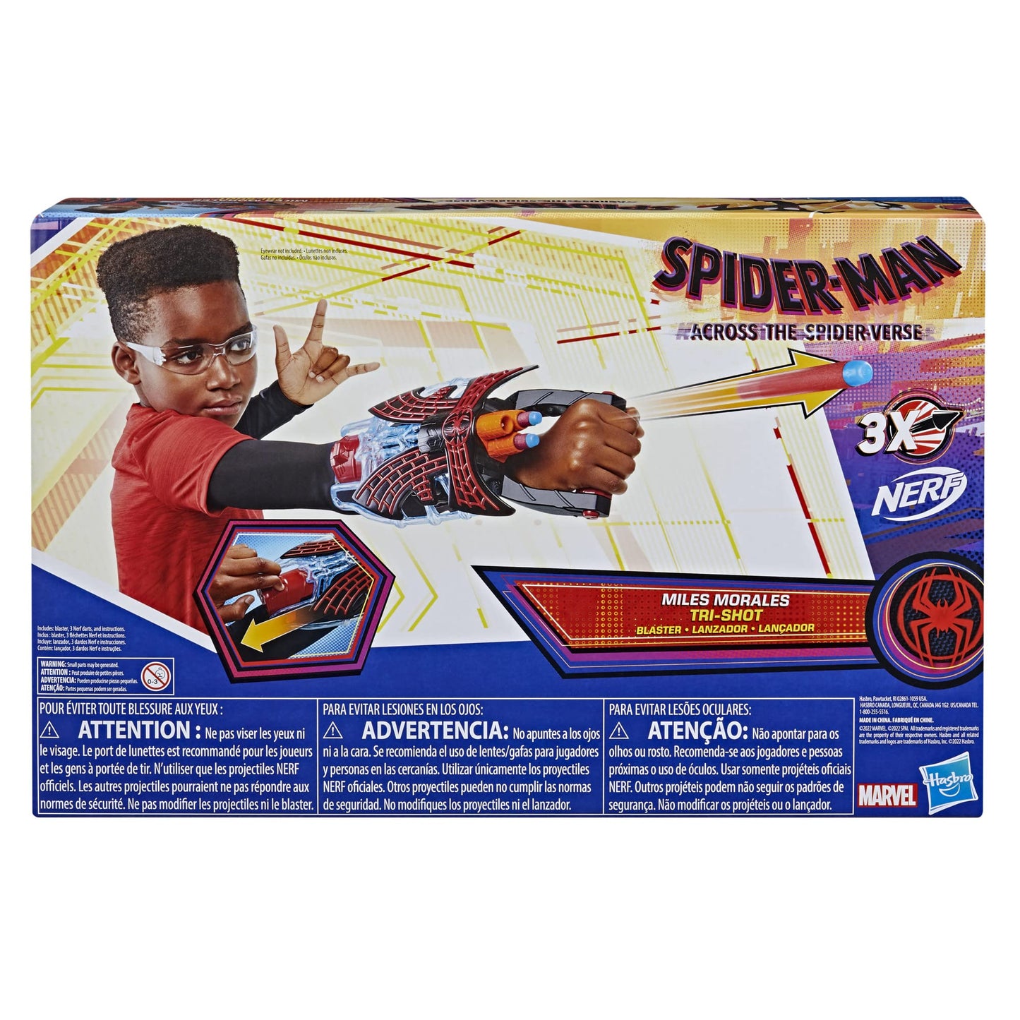Marvel Spider-Man: Across The Spider-Verse Miles Morales Tri-Shot NERF Blaster, with 3 Darts, Spider-Man Toys, Super Hero Toys for 5 Year Old Boys