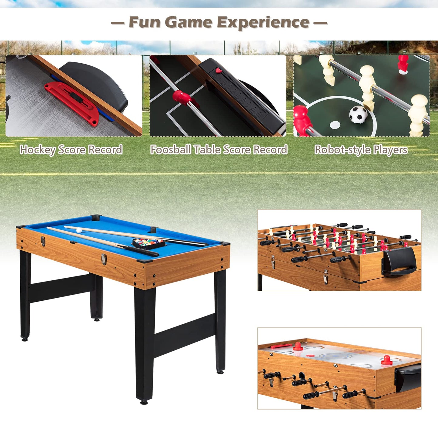 ARLIME 3 in 1 Multi Game Table, 48'' Foosball Desk w/Billiards, Soccer, Slide Hockey, Wood Foosball Table for Adults, Game Room, Parties