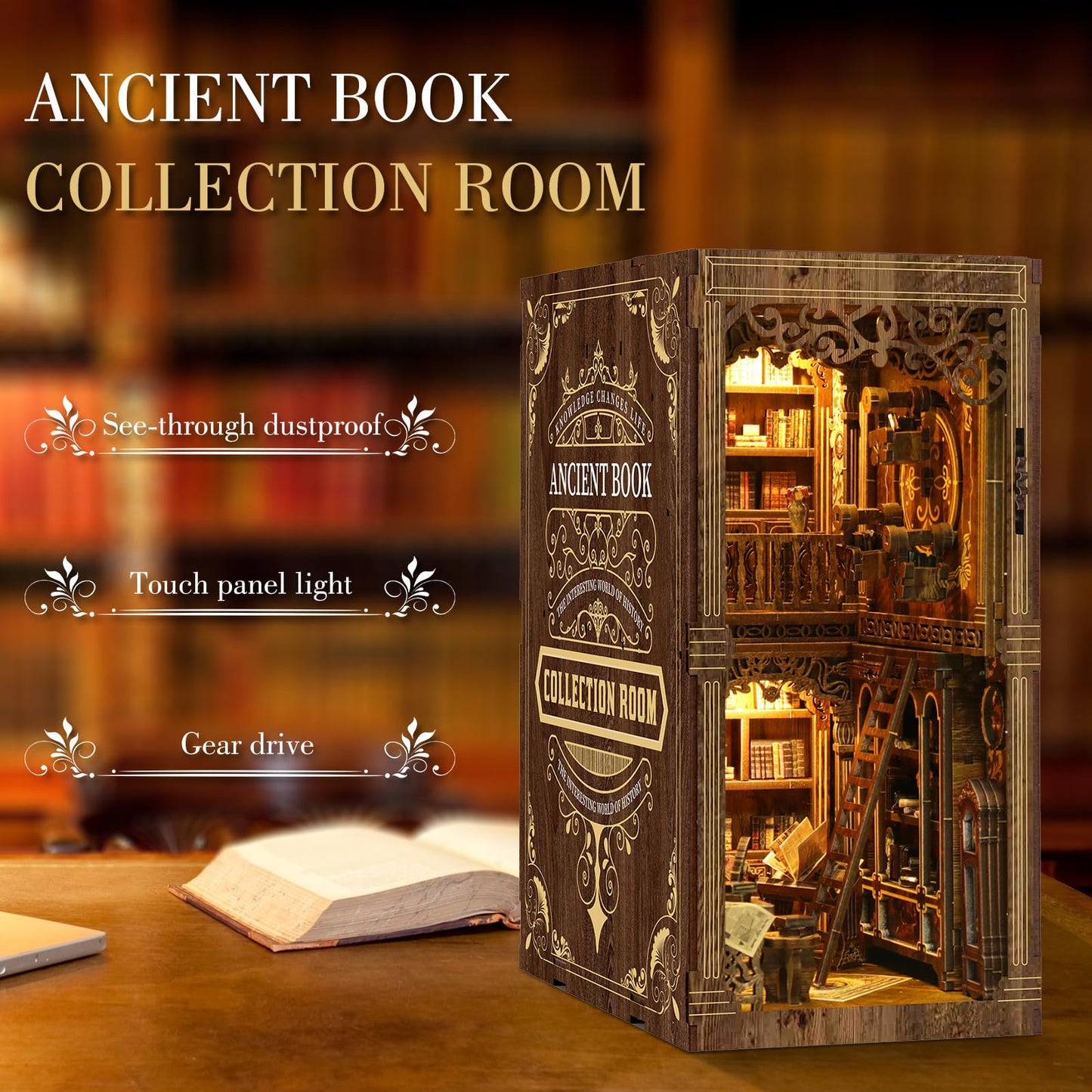 Book Nook Kit - (Classic Edition) - DIY Miniature Wooden Puzzle | Vintage Book Collection Room with LED Lights | 3D Dollhouse Bookend for Bookshelf