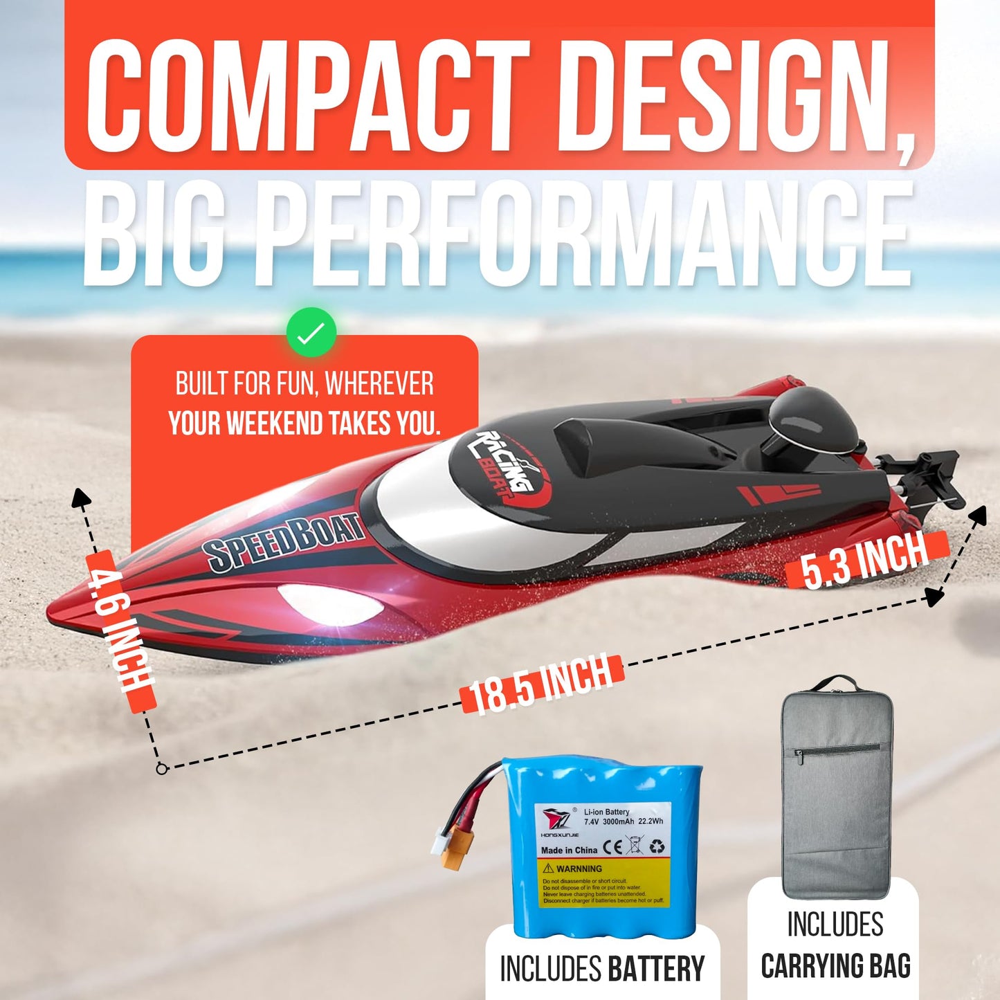 REV-UP 18.5" Remote Control Boat for Adults, 21+ MPH Fast RC Boats for Kids, High Speed Electric Mini Jet Toy for Pool and Lake, Self-Righting