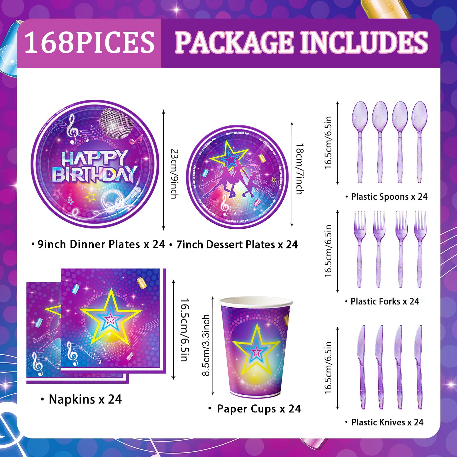 Elzoviran 168pcs Birthday Party Plates Napkins Purple Magical Music Party Supplies Disposable Tableware Set Dance Birthday Decorations for Girls Serve