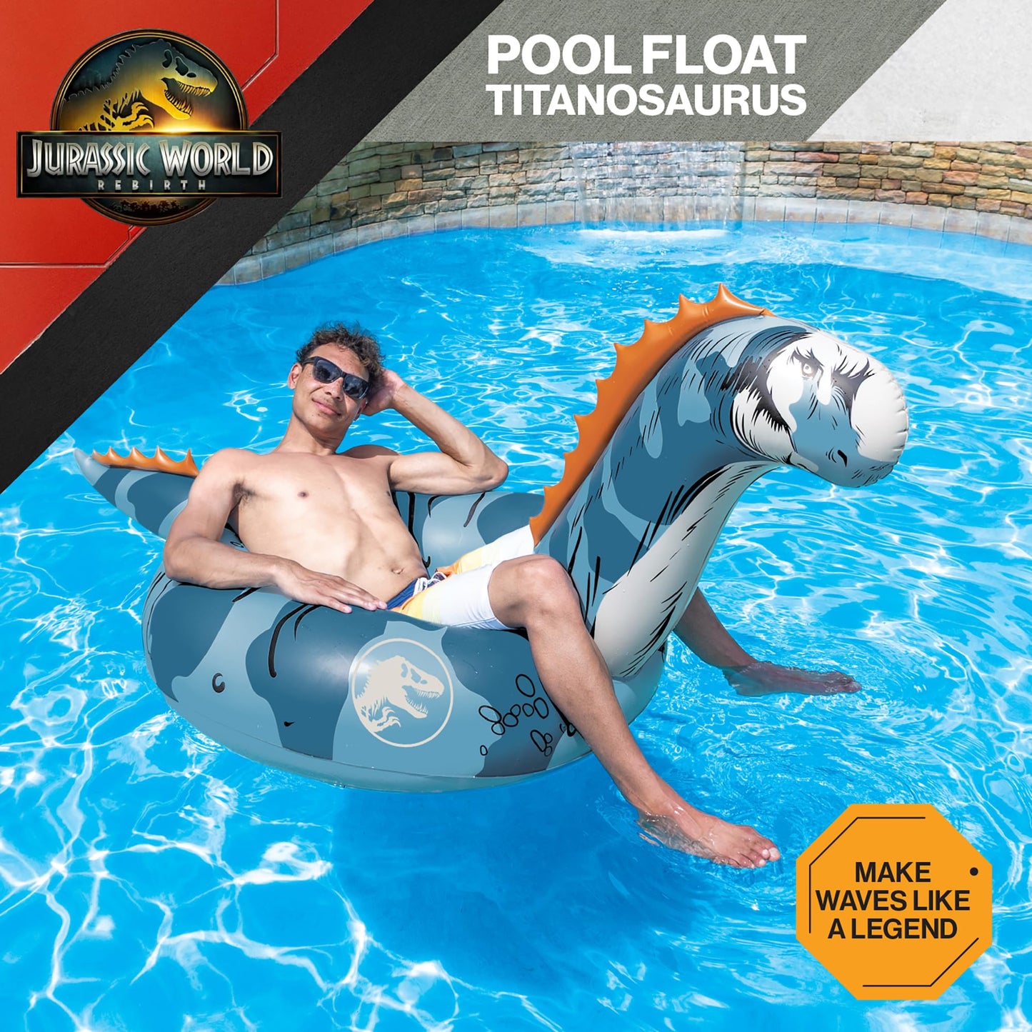 Jurassic World Pool Float, Blue Inflatable Dinosaur Inner Tube for Pool Lake Beach Summer Water Fun - Titanosaurus
