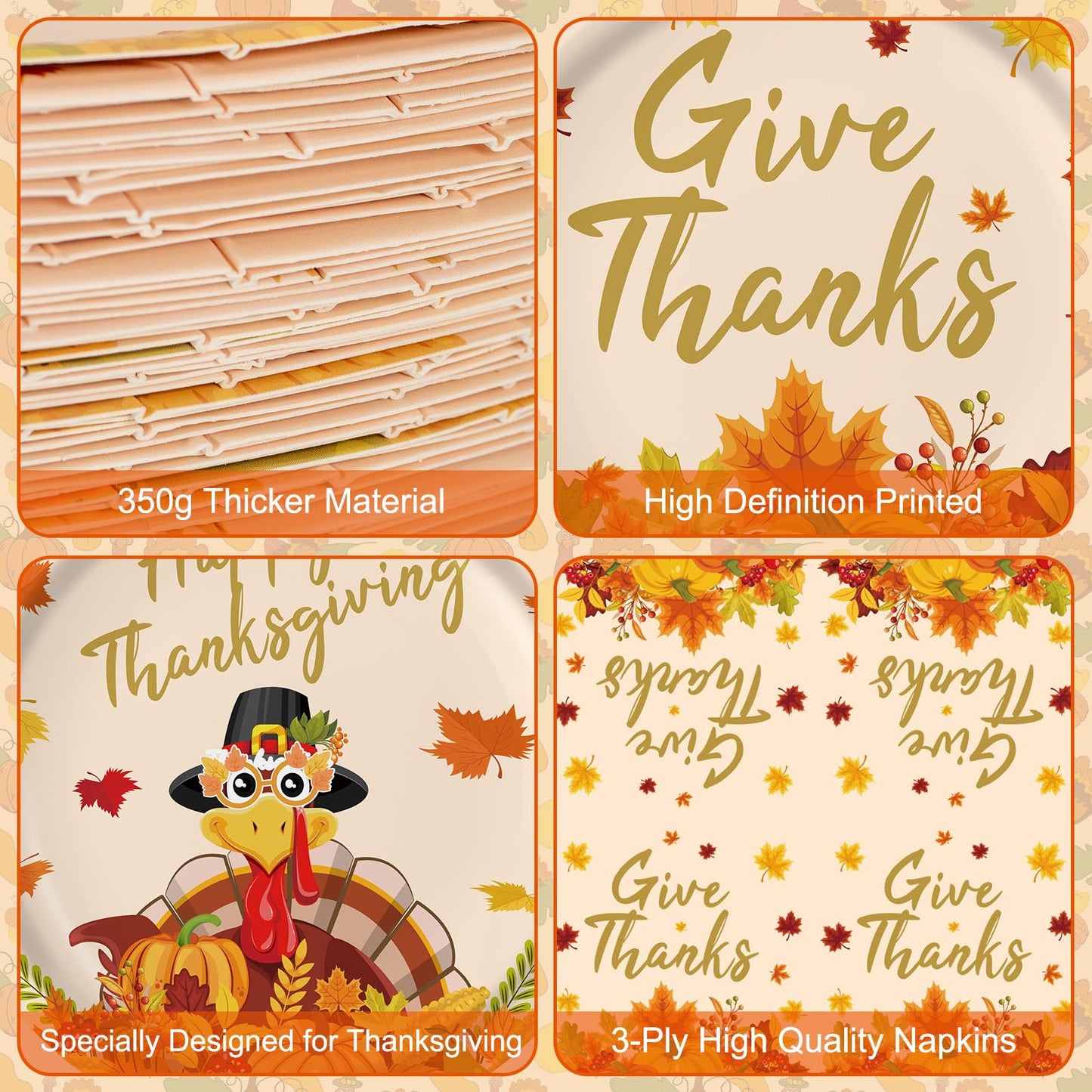 150 Pcs Thanksgiving Plates and Napkins Sets - Happy Thanksgiving Round Tableware, Disposable Fall Turkey Give Thanks Paper Dinner Dessert Plates