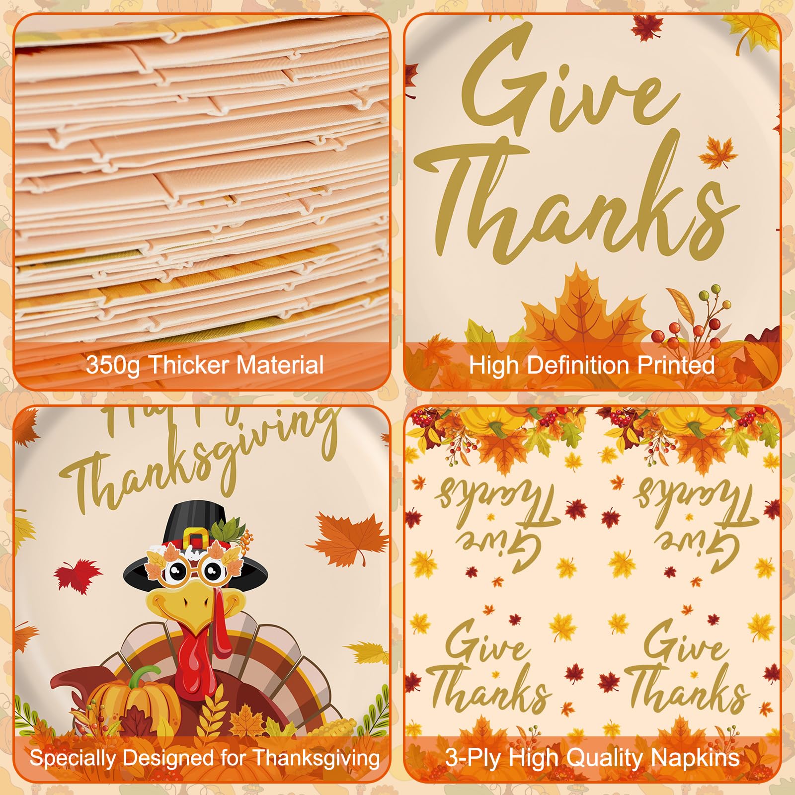 150 Pcs Thanksgiving Plates and Napkins Sets - Happy Thanksgiving Round Tableware, Disposable Fall Turkey Give Thanks Paper Dinner Dessert Plates