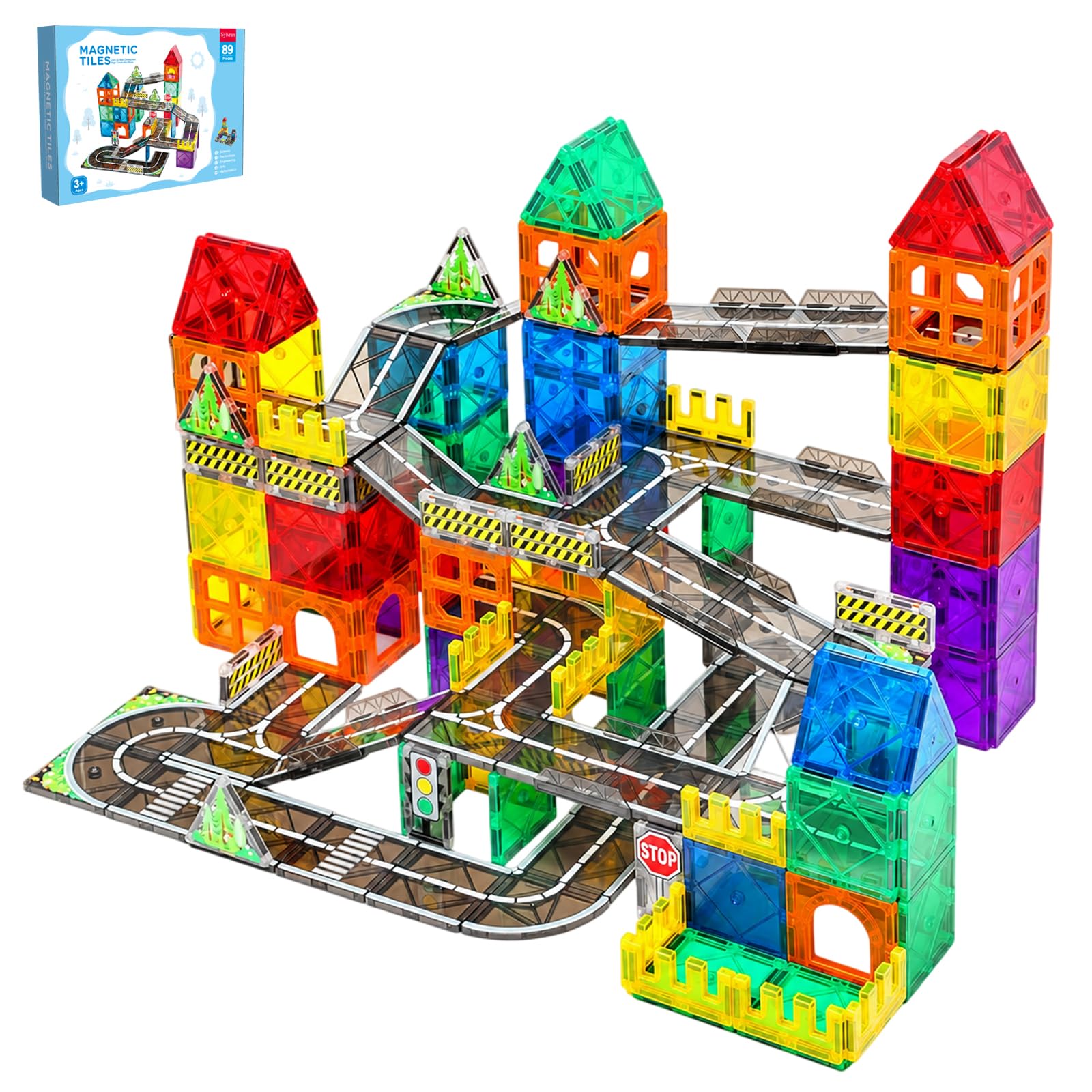 Sylvran Magnetic Tiles Road Set, 89 PCS Magnetic Building Blocks with Roads, Bridges & Ramps, STEM City Building Toys for Kids Ages 3-8, Educational