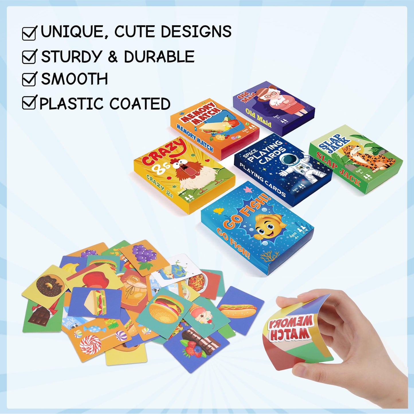 Kids Card Games,12 Decks,Go Fish, Old Maid, Crazy Eights, Memory Match, Slap Jack, Space Playing Cards, Family Game Night Classic Table Games