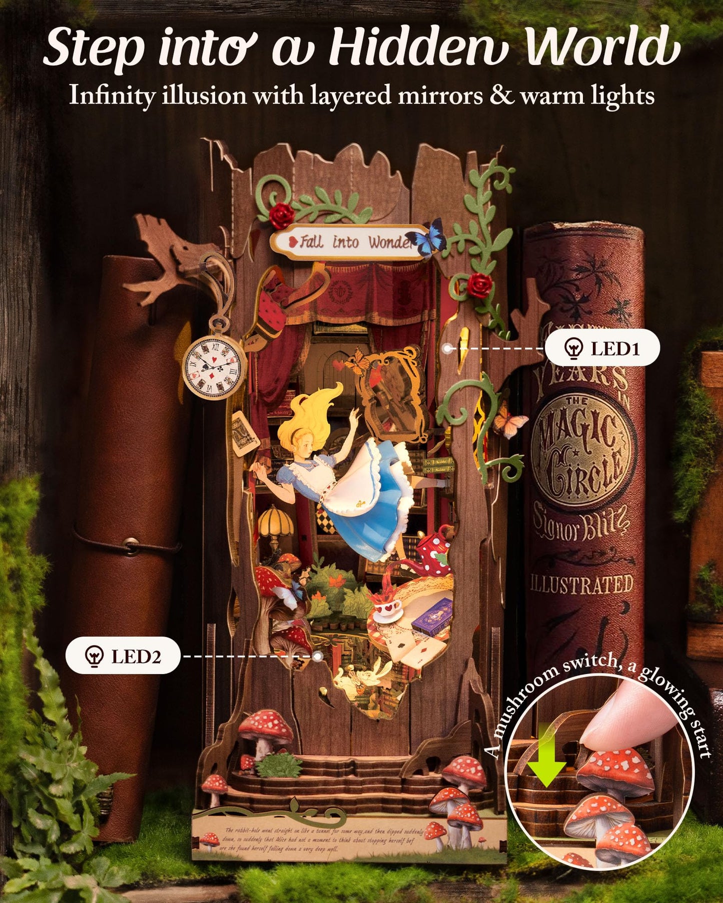 ROBOTIME Book Nook Kits Fall into Wonder, Miniature House Decorative Bookend with LED Light, Fantasy Fairy Tale Bookshelf Decor, DIY Wooden Craft