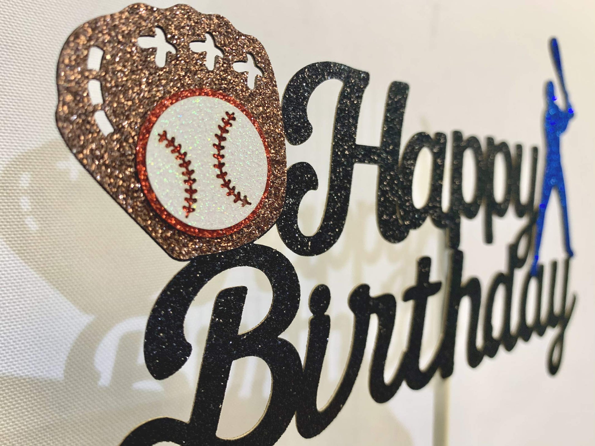 Baseball Theme Cake Topper - Happy Birthday Cake Topper for Birthday/Baseball/Sports Party Theme Decoration (Black Glitter)