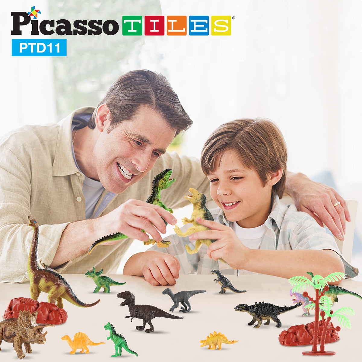PicassoTiles Dinosaur Play Mat Toys 32pc Dino Playset STEM Activity Learning Kit STEAM Toy with Educational Book, 21 Action Figures T-Rex,