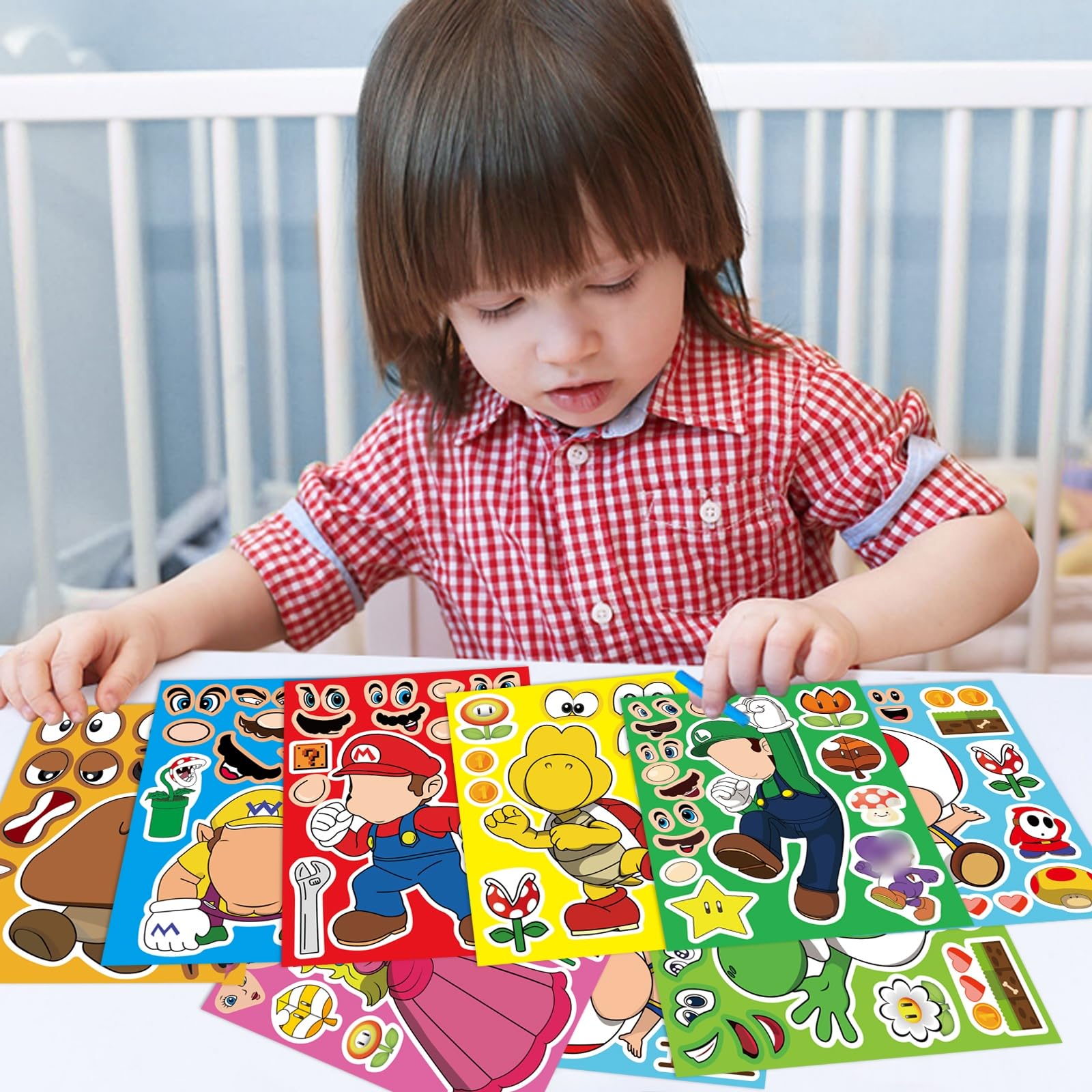 EHQEHQ 40 Pieces Make-a-face Stickers Pack, Super Bros Make Your Own Stickers, Mixed & Matched with 8 Designed Characters(5 of Each) for Party