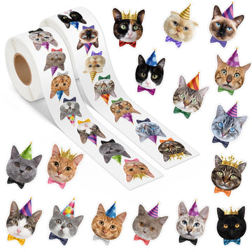 DSjuedui Birthday Cat Sticker Rolls - 1000Pcs Happy Birthday Cute Cat Vinyl Stickers for Kids Adults, Funny Realistic Kitty Waterproof Decals