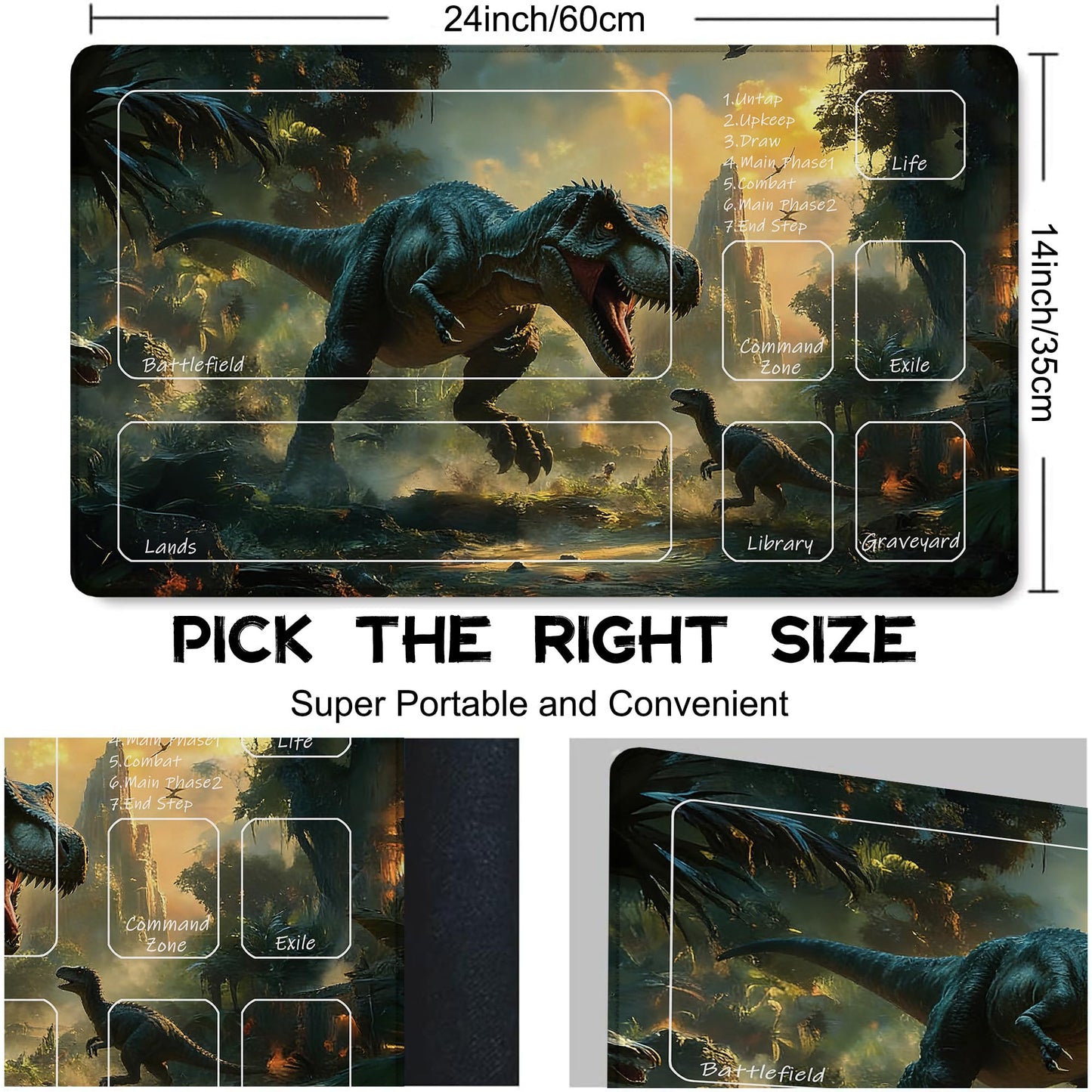 Playmat for MTG Dinosaur Magic Play Mat 24x14 Inch Card Game Mat for Magic The Gathering TCG PTCG Playmat with Free Storage Bags Non-Slip Backing