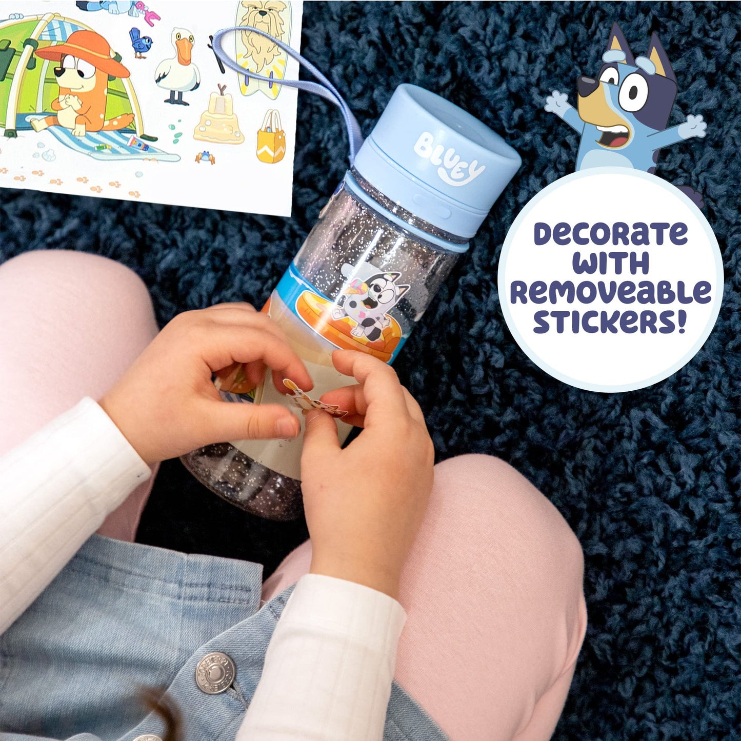 Bluey Decorate Your Own Water Bottle, Repositionable Stickers, Great For Bluey Birthday Parties, Summer Sports, and More, Reusable BPA-Free Water