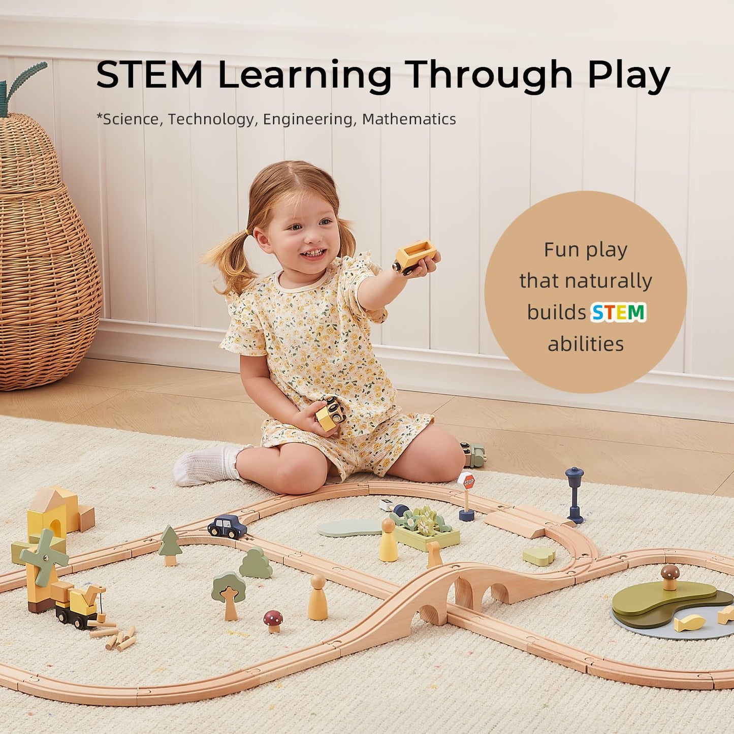 OOOK Multi-Scenario Wooden Train Set,All Wood Accessories Train Set for Toddlers 3 Years Old, Multi-Scenario Train Toy for 3 4 5 Years Old Girls