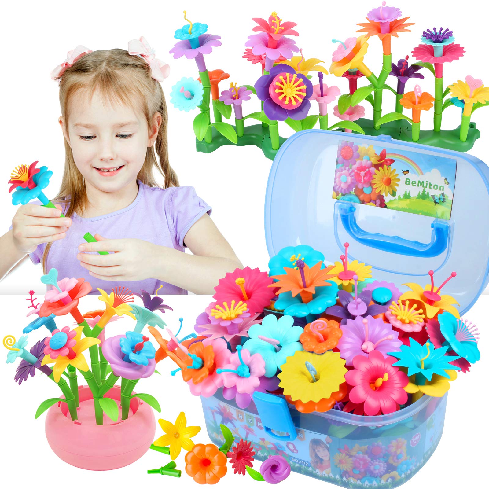 BEMITON Flower Building Toy Set for Girls, Best Birthday Gifts for 3 4 5 6 7 Year Old Kids, Arts and Crafts Kit for Toddlers, STEM Activities