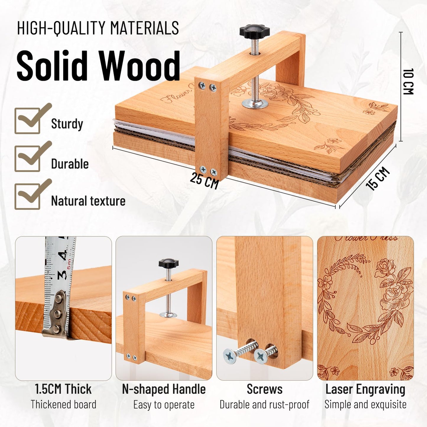 v2croft Flower Press Kit, Even Pressure 10" x 6" Wooden Flower Pressing Kit with 8 Layers for Dried Plant Preservation, DIY Arts, Gift for Craft