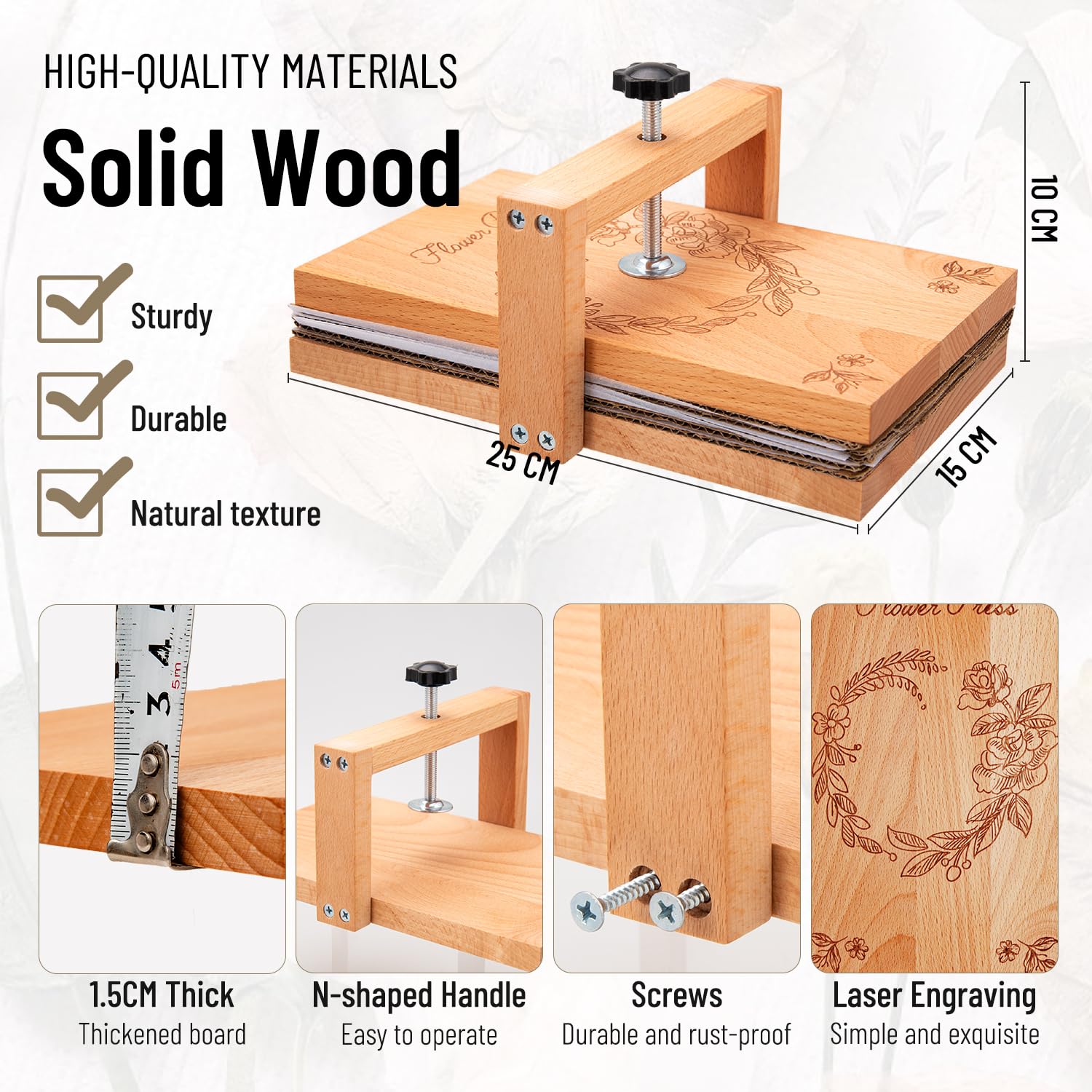v2croft Flower Press Kit, Even Pressure 10" x 6" Wooden Flower Pressing Kit with 8 Layers for Dried Plant Preservation, DIY Arts, Gift for Craft