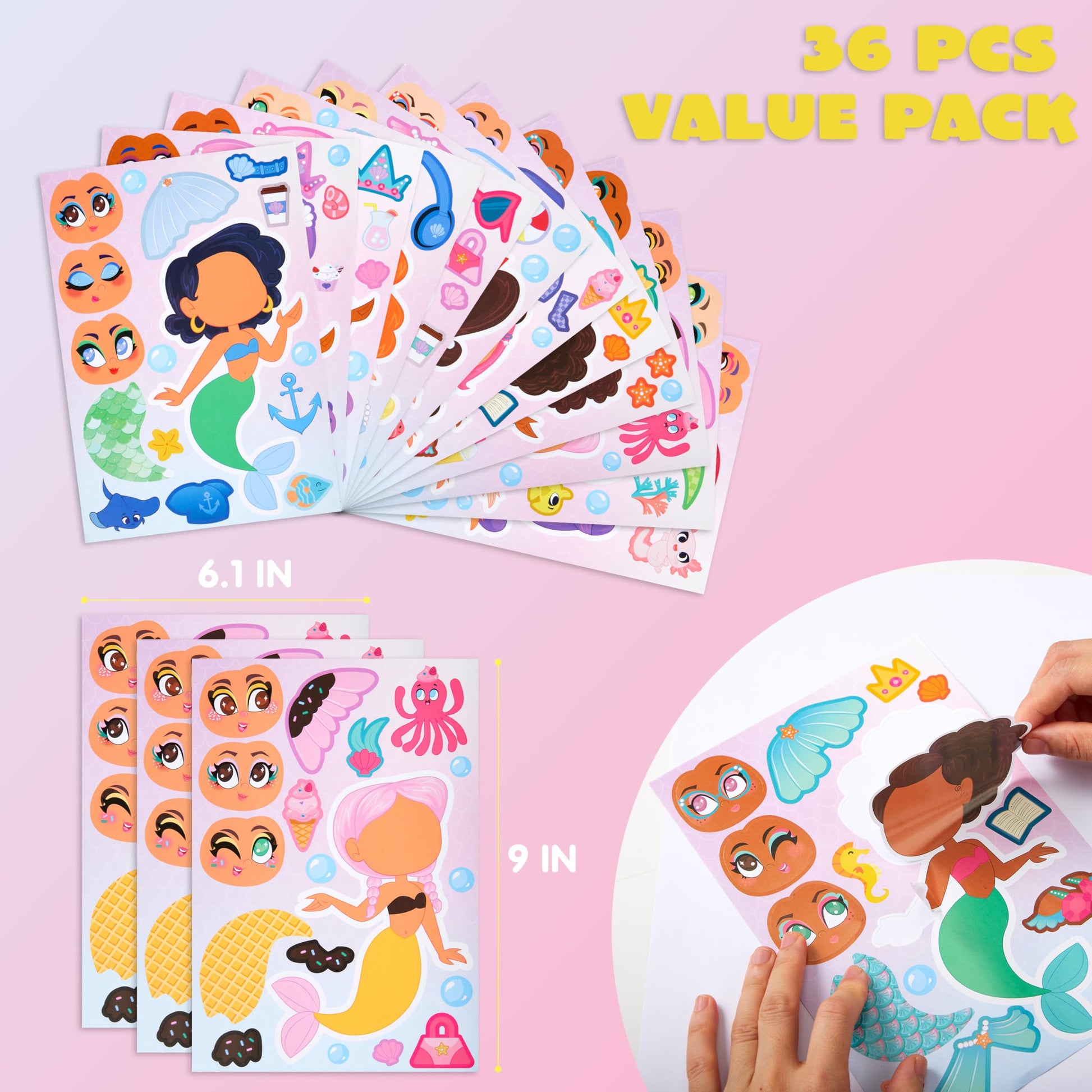 JOYIN 36 Pcs 9"x6" Mermaid Make a face Stickers for Kids, Make Your Own Mermaid Sticker Sheets, Party Favors Kids Crafts, Goodie Bags Stuffers