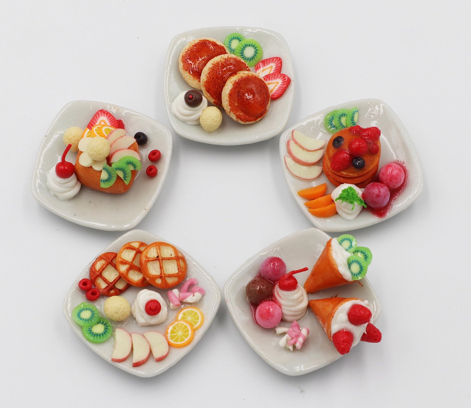 Miniature Dessert Plate Set - 5 Assorted Handmade Clay Treats with Pancakes, Waffles & Ice Cream - 1:6 Scale Dollhouse Food on 1-Inch Ceramic Plates