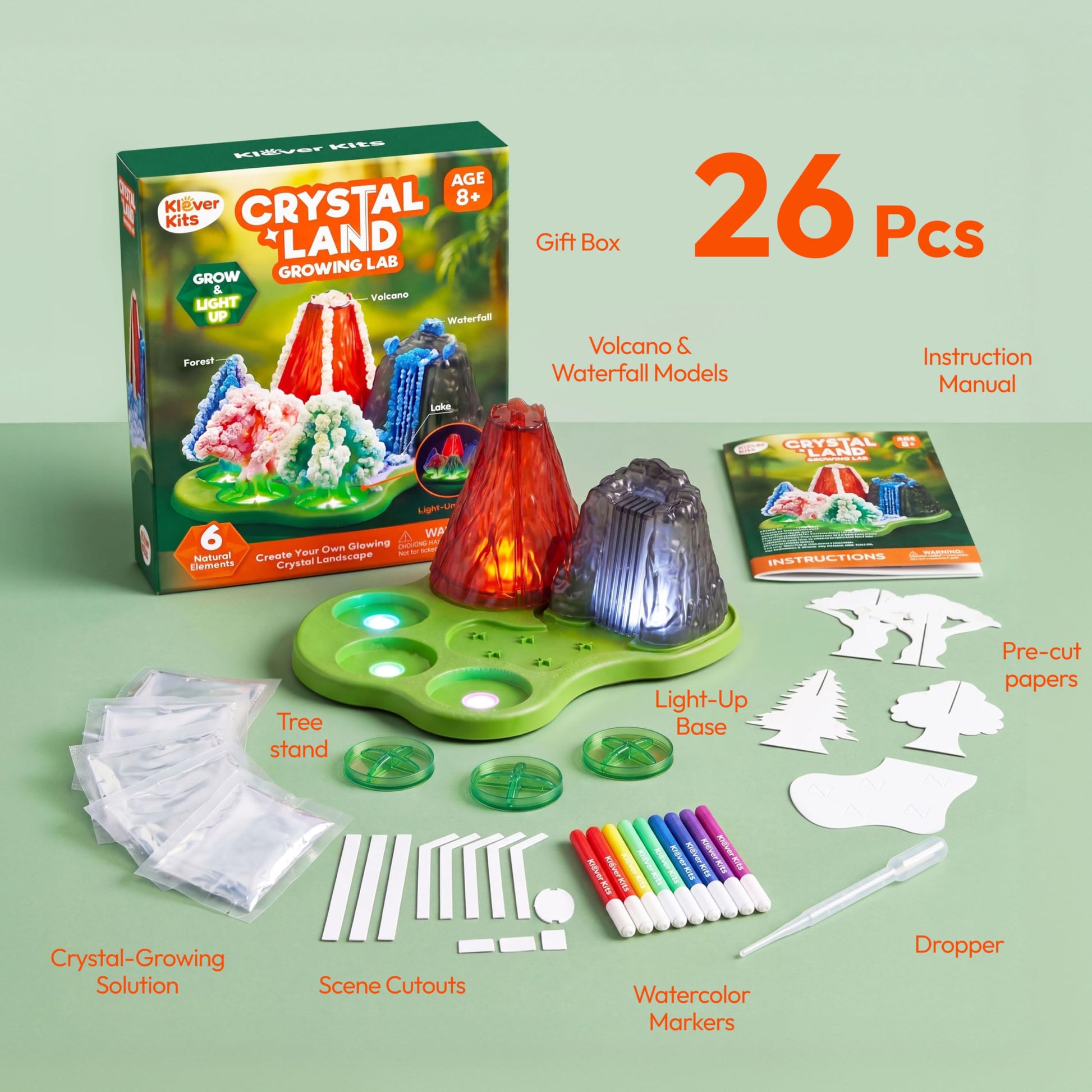 JOVA Klever Kits Crystal Land Growing Lab- Craft Kits for Kids Aged 8+ Science Gifts with 6 Unique Natural Elements and Light-Up Base, STEM Activities
