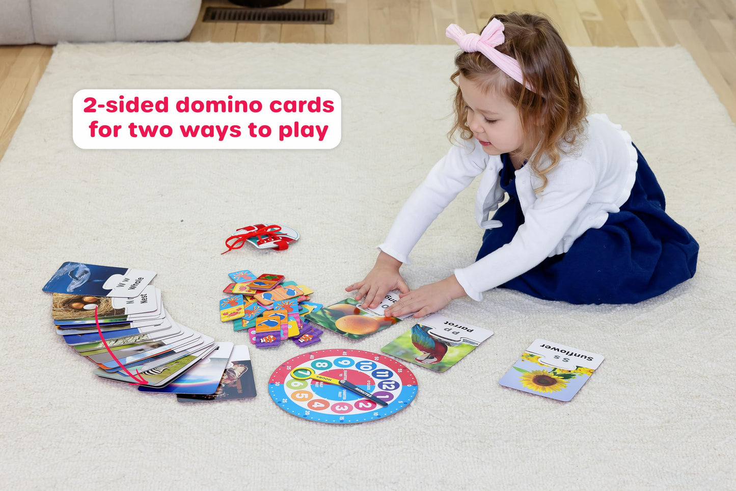 Jasey's Toy Chest 4-in-1 Learn & Play Pack | Puzzle Cards, Dominoes, Teaching Clock & Shoe Tying Activity Set | Educational Toy for Toddlers Ages 4+