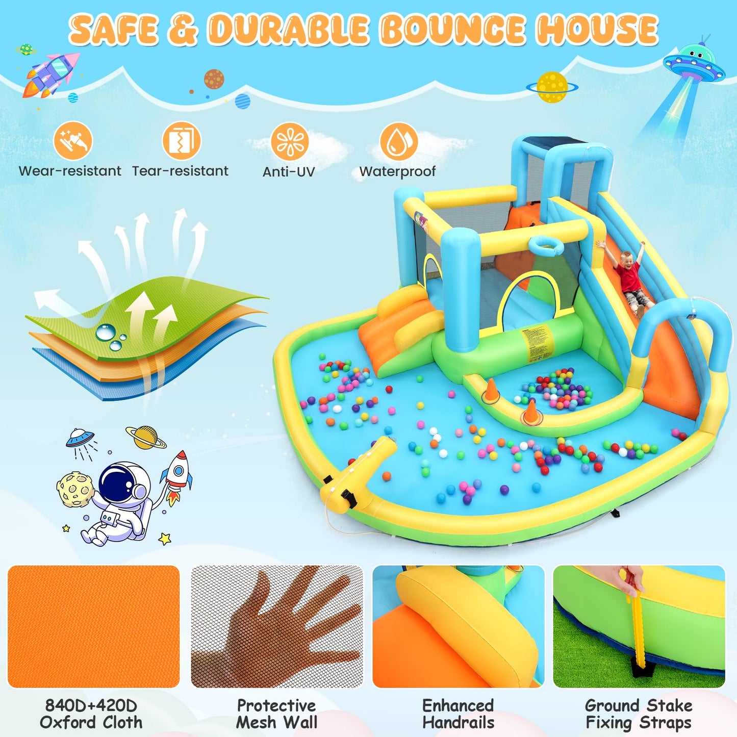 Whubefy Inflatable Water Slide Bounce House, 12.8x12Ft Water Bouncy House w/ 2 Slides/Jumping Area/Catch Ball/Ring Toss Game & 10 Accessories