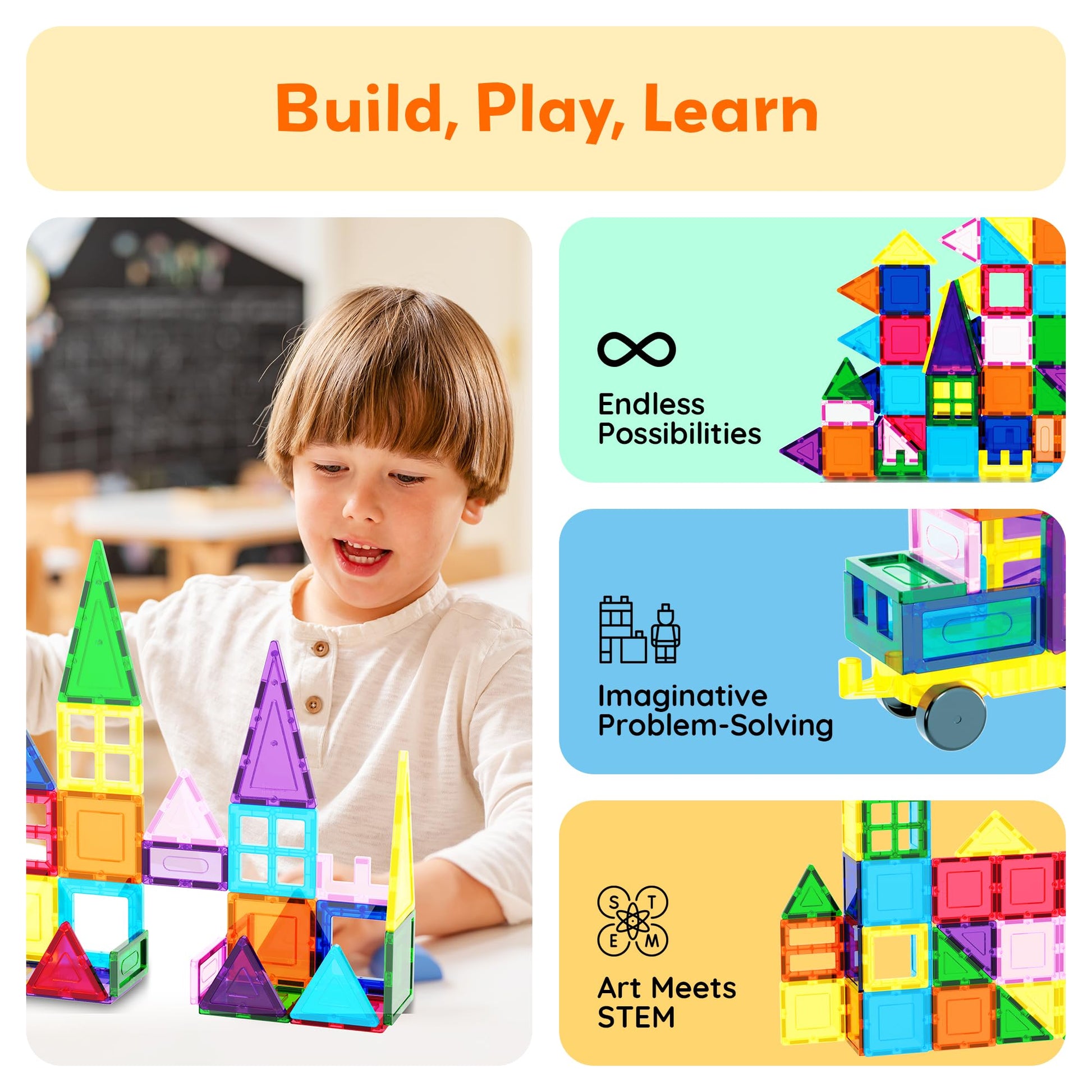 PicassoTiles 101 PCs Magnetic Tiles Building Blocks with Car & Drawstring Carry Bag Toy Storage Magnet Block for Toddlers Kids STEM Toy Set