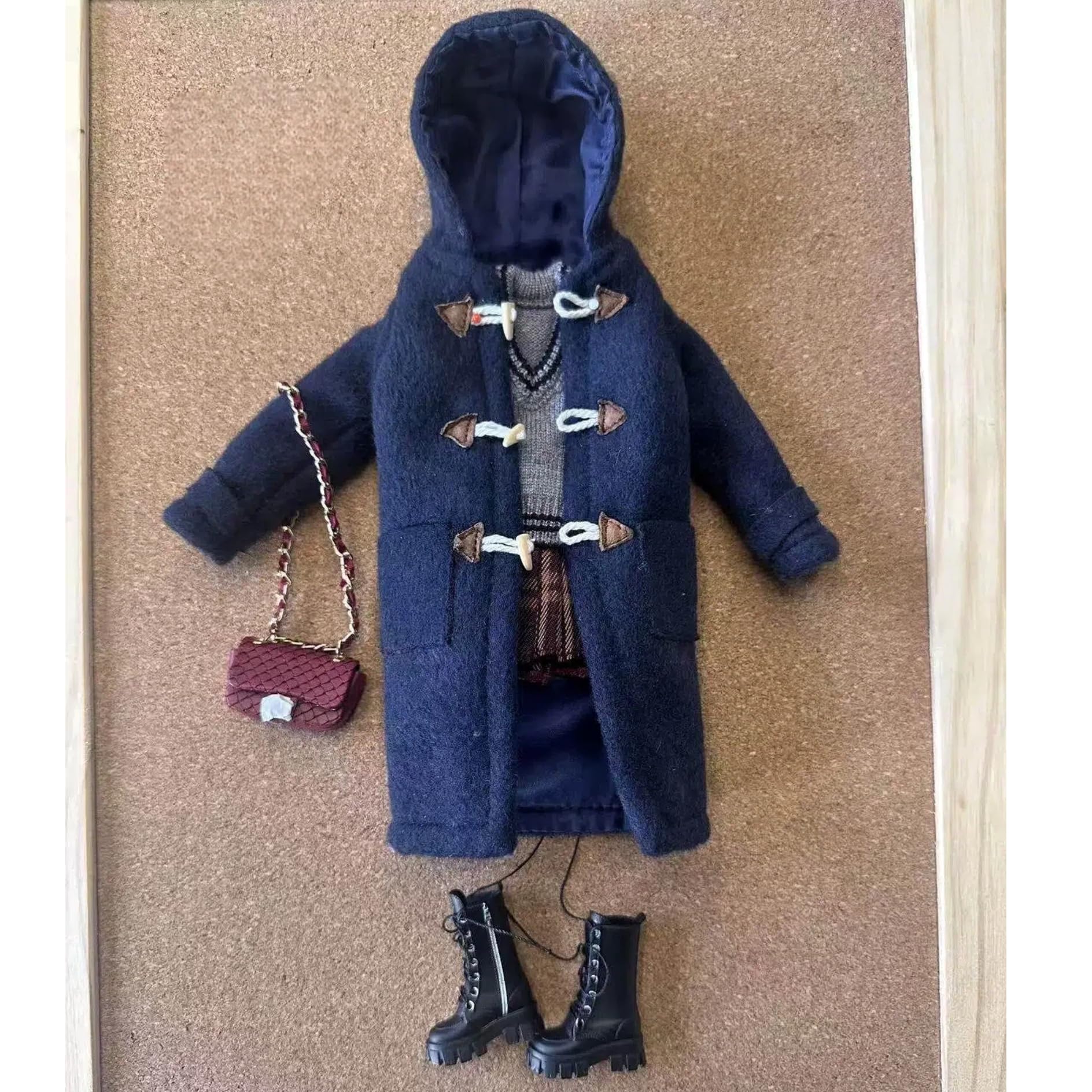 Academic Style Doll Outfit Set for 11.5-12 Inch Fashion Dolls, Navy Wool Blend Toggle Coat Vintage Ensemble