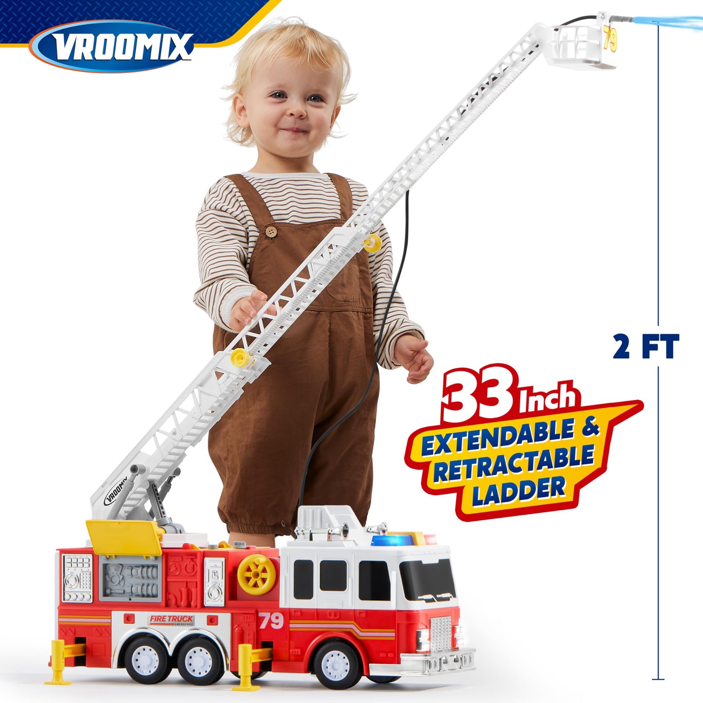 JOYIN Extra Large Toddler Fire Truck Toys for Boys with 33-inch Ladder, Lights & Sprinkler Pump, Big Emergency Vehicle, Kids Toys for Age 3, 4, 5, 6