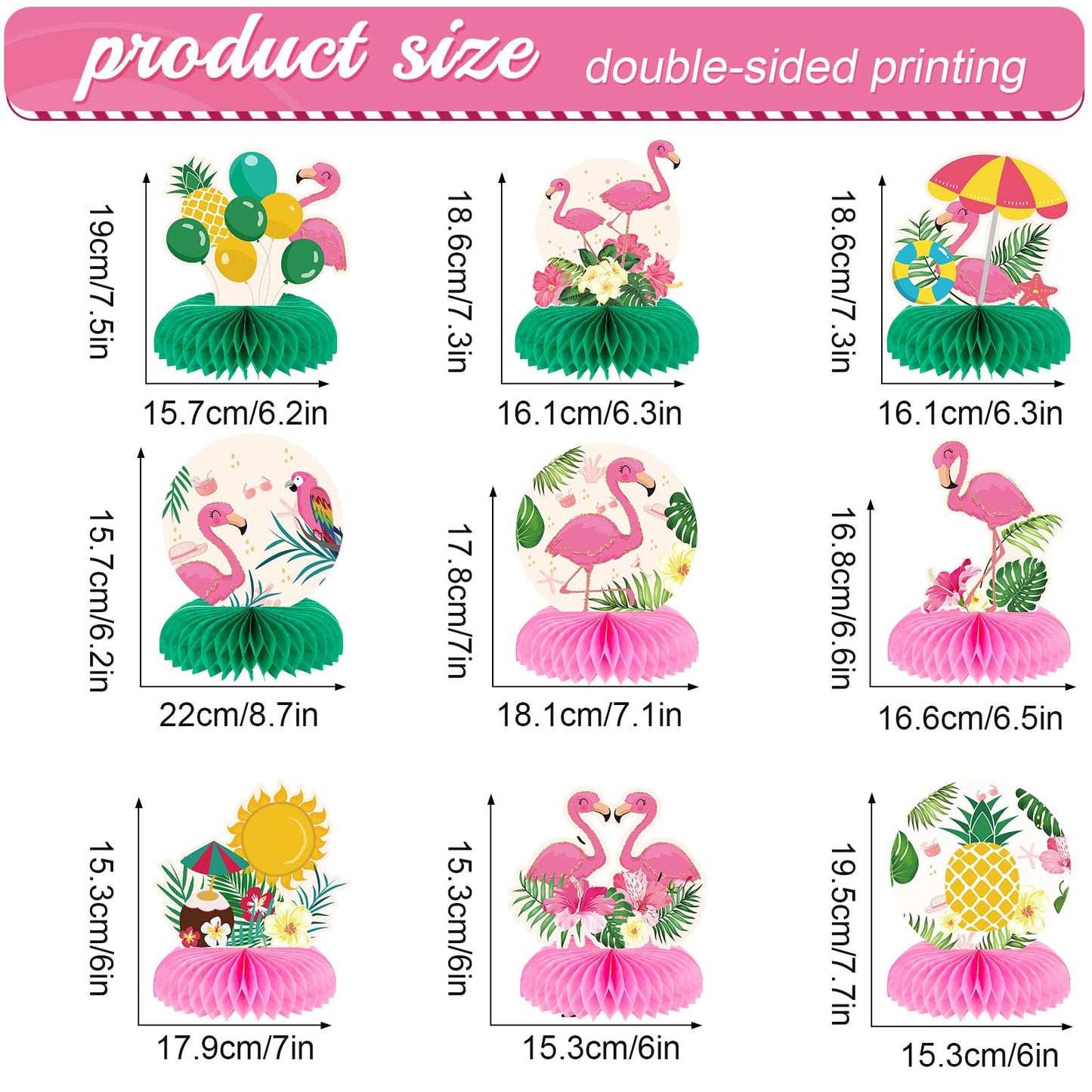 LINGXIU 9 Pieces Flamingo Themed Party Decoration Supplies Summer Hawaiian Tropical Aloha Honeycomb Centerpieces Table Toppers Decorations for Girl