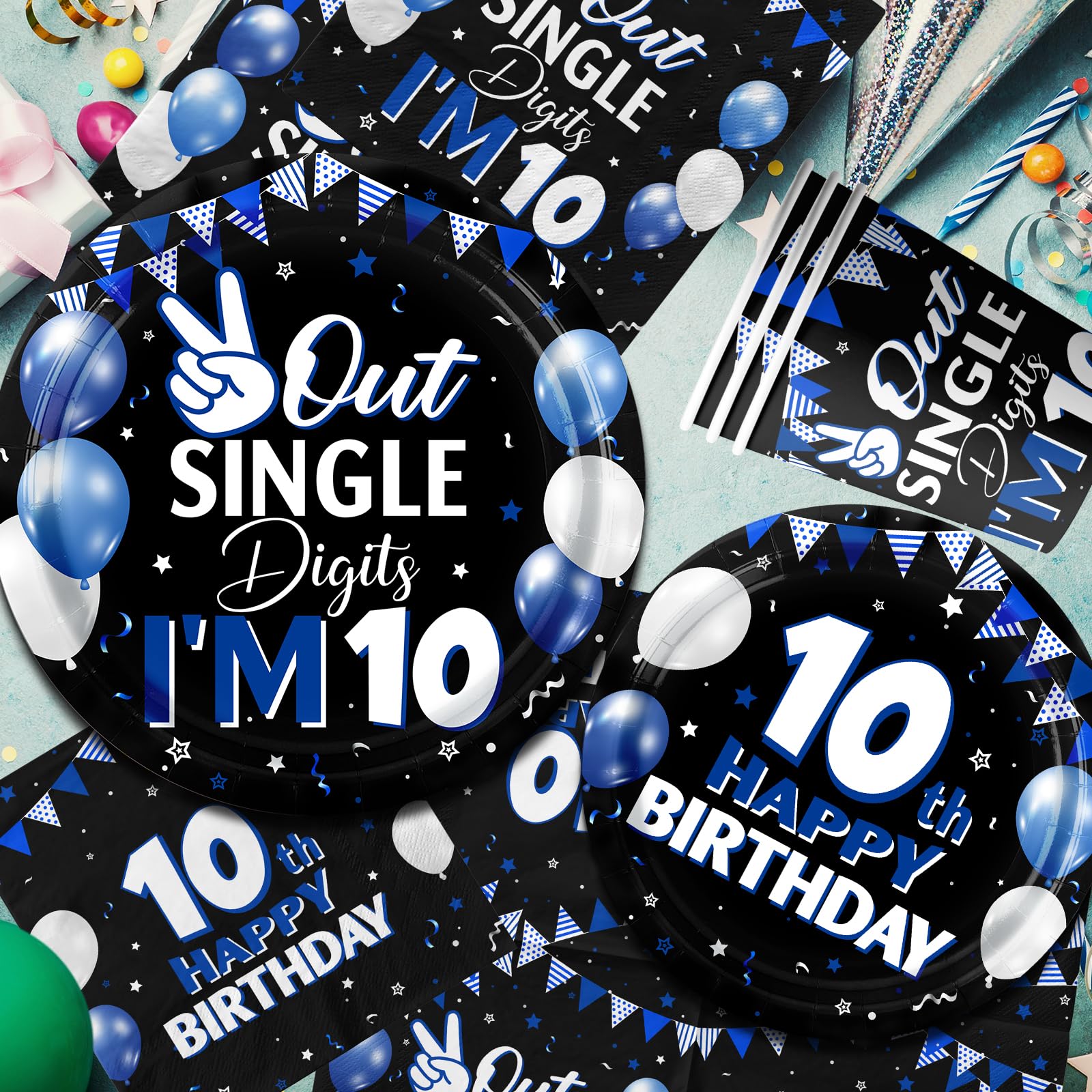 142pcs 10th Birthday Decorations for Boys,10 Year Old Birthday Decorations Tableware Double Digits Birthday Boy Plates and Napkins Cups Tablecloth