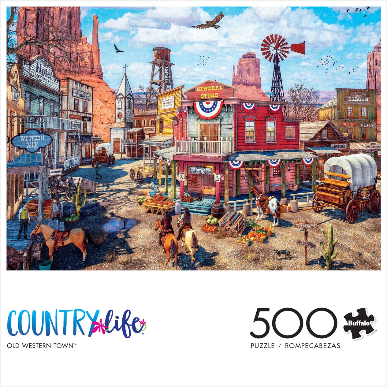 Buffalo Games Old Western Town - Dominic Davison - 500 Piece Jigsaw Puzzle for Adults - Challenging Vintage Western Art with Bonus Diagram - Country
