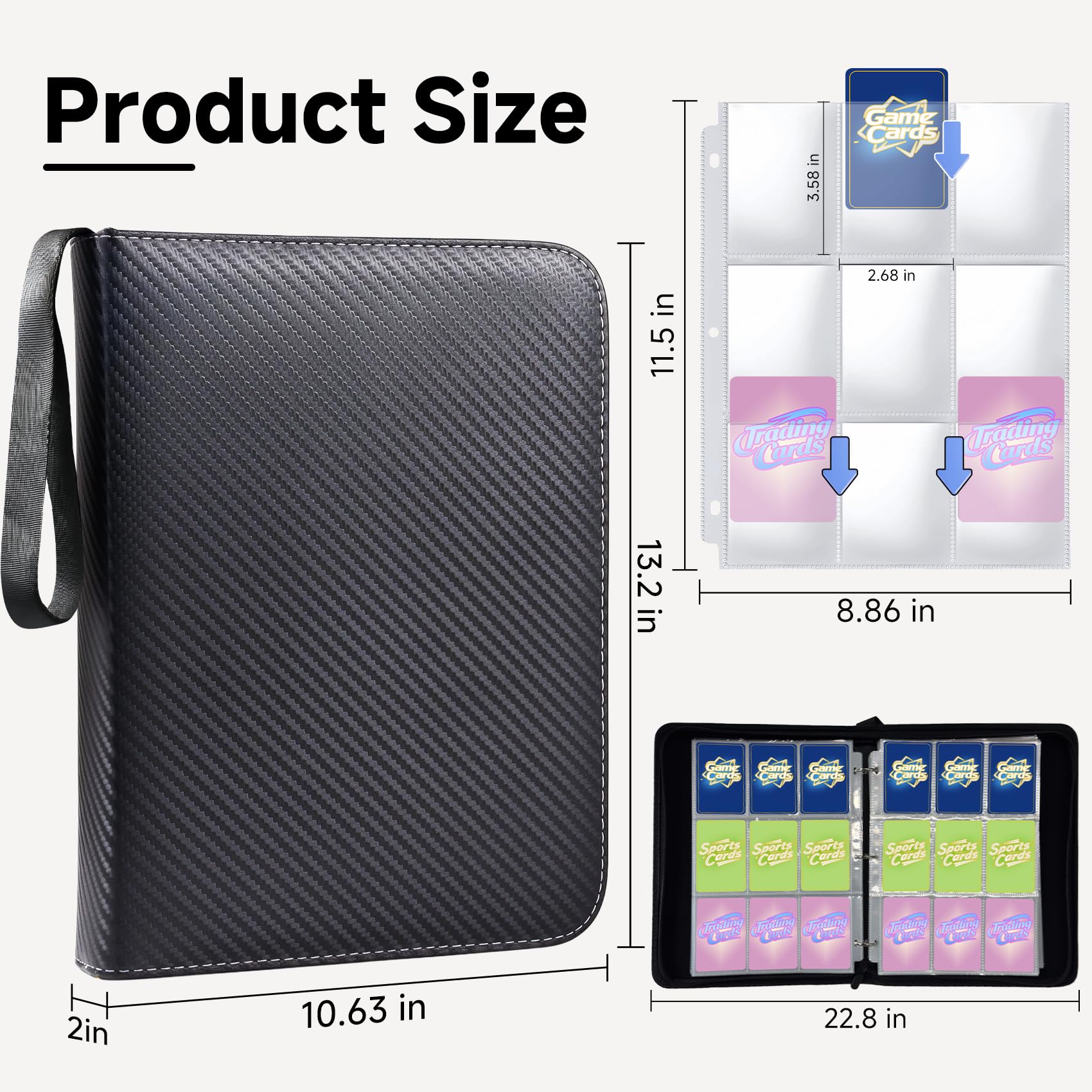 9 Pocket Trading Card Binder, Holds 1080 Cards with 60 Removable Double-Sided Sleeves, Premium Zipper Top Loader Card Collection Album, PU Card Folder