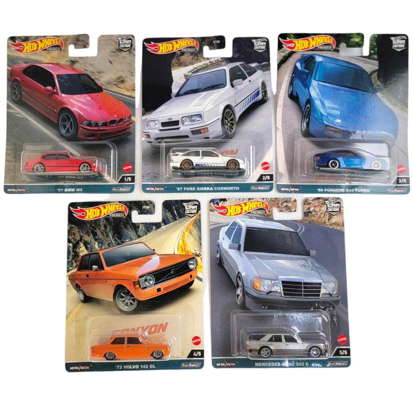Hot Wheels Car Culture 2023 Canyon Warriors Complete 5?Pack (FPY86-959C) | BMW M5, Ford Sierra Cosworth, Porsche 944 Turbo, Volvo 142 GL
