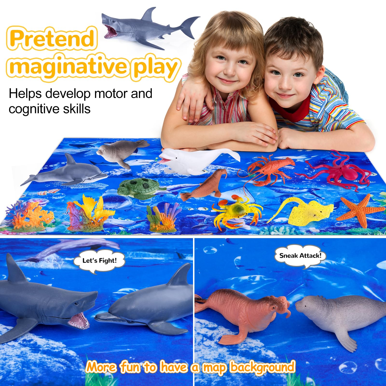 GINMIC Kids Ocean Animals Toys with Large Play Mat , 18 Pack Assorted Realistic Sea Animal Toys with Carrier Bag Including Shark, Whale, Dolphin etc