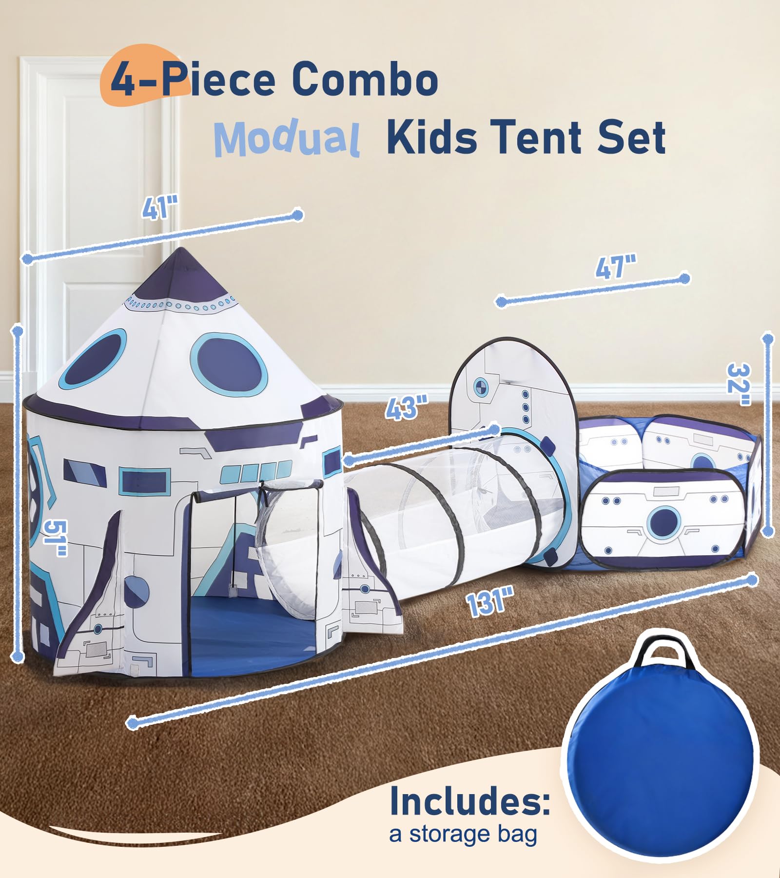 Little Dove Kids Play Tent with Tunnel & Ball Pit, 3-Piece Pop Up Rocket Ship Tent Set, Indoor Outdoor Playhouse for Boys & Girls, Pretend Play Toy