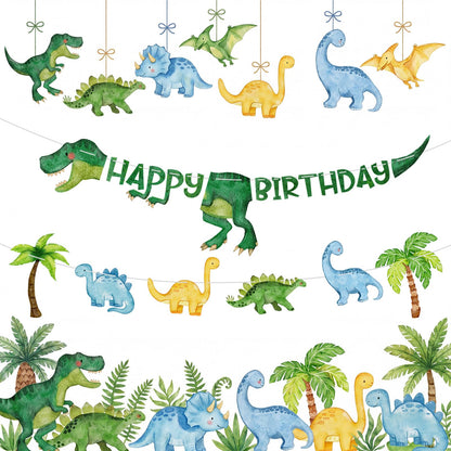 Dinosaur Birthday Decorations Banner - DIY Paper Happy Birthday Banners, Green Animal Dino Bday Sign Garland Backdrop for Dinosaur Themed Indoor