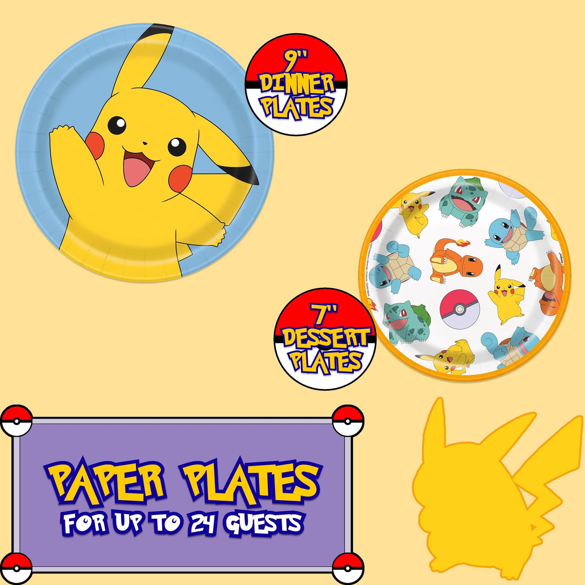 Unique Pokémon Party Supplies | Tableware Mega Party Set | Serves 24 | Officially Licensed | Plates, Napkins | Birthday Party Set For Kids, Boys