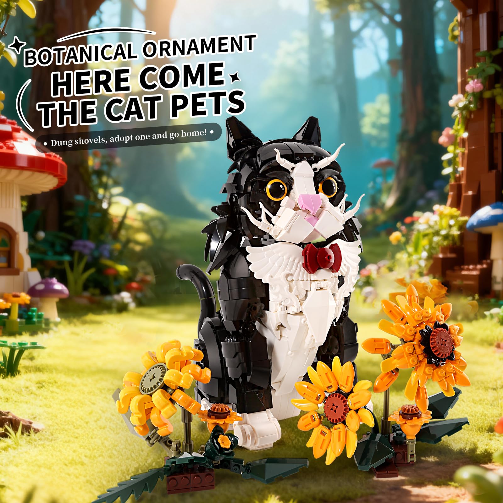 LPPROTECTOR Sunflower Gentle Kitty Building Set for Adults - 1434 Pcs Tuxedo Cat Statue with Rotating Head and Poseable Tail - 3D Tuxedo Kitty Model